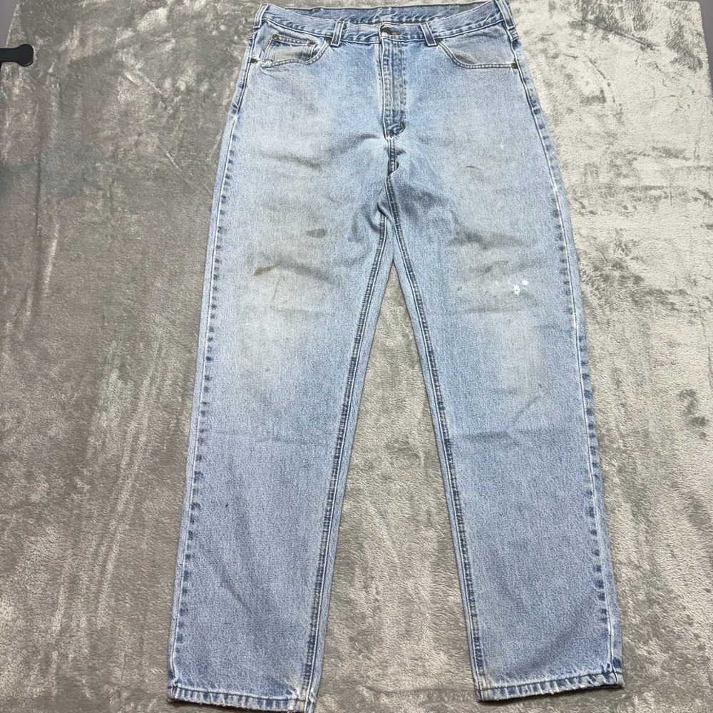 Carhartt Distressed Denim Jeans Light Wash Internal Patches Repairs Mens 36x33